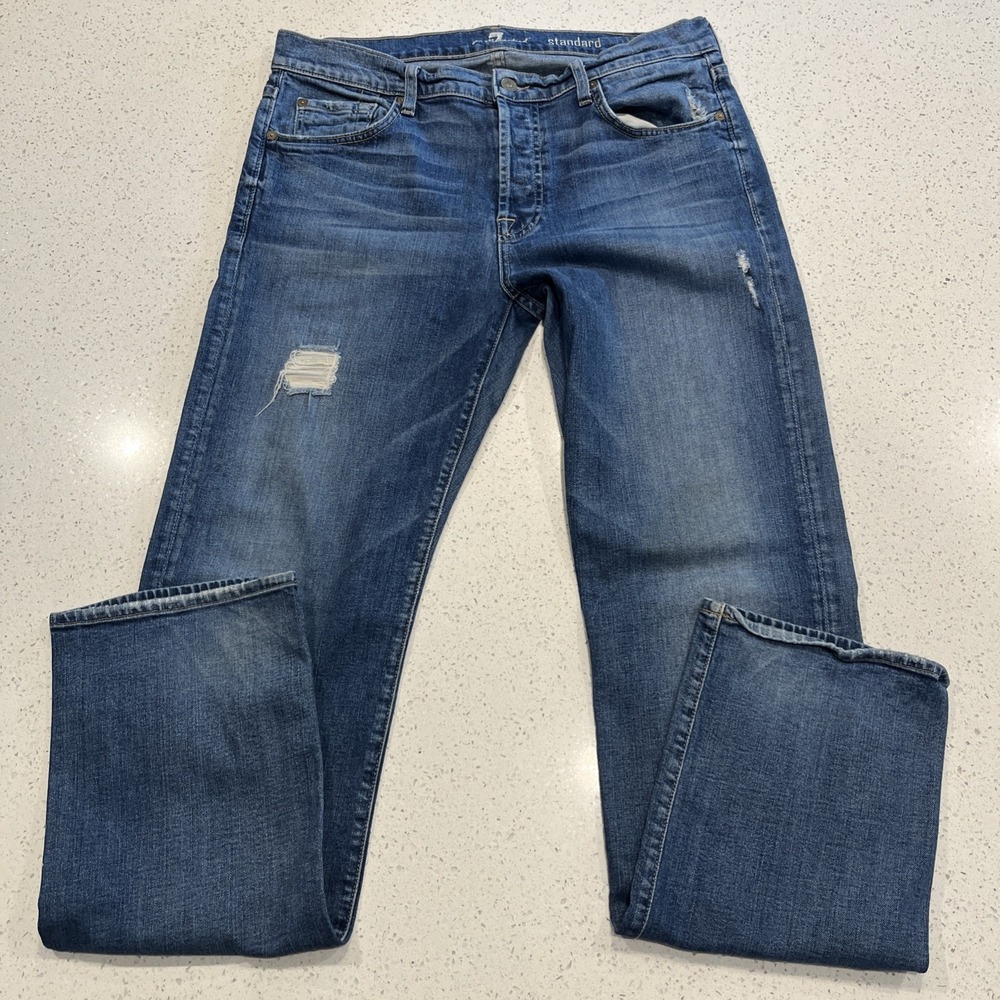 7 For All Mankind Jeans Mens 34/33 Blue Standard Straight Button Fly Distressed